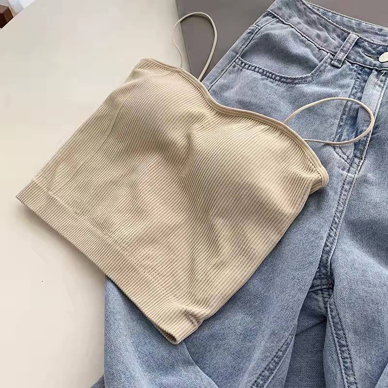 Women's Solid Basic Camisole Crop Top Ribbed Padded Spaghetti Straps