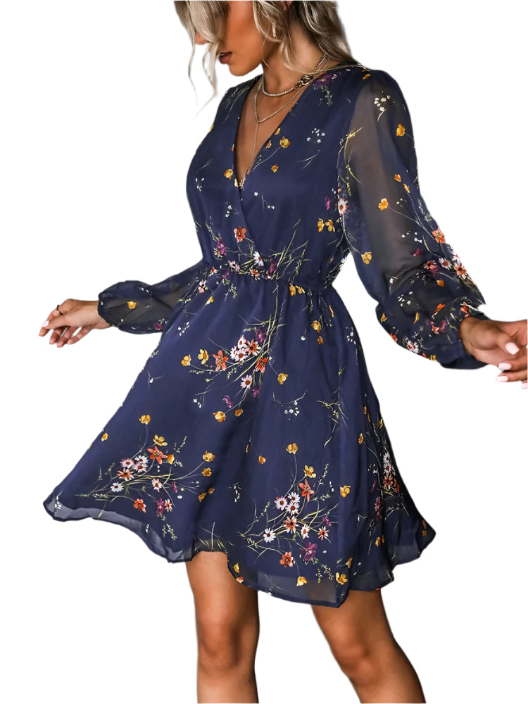 Women's Floral Chiffon Long Sleeve Ditsy Mini Dress