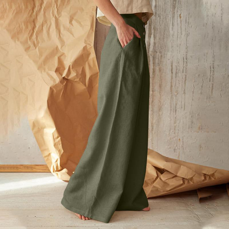 Women's Wide Leg Cotton Linen Baggy Trousers Loose Fitted with Pockets