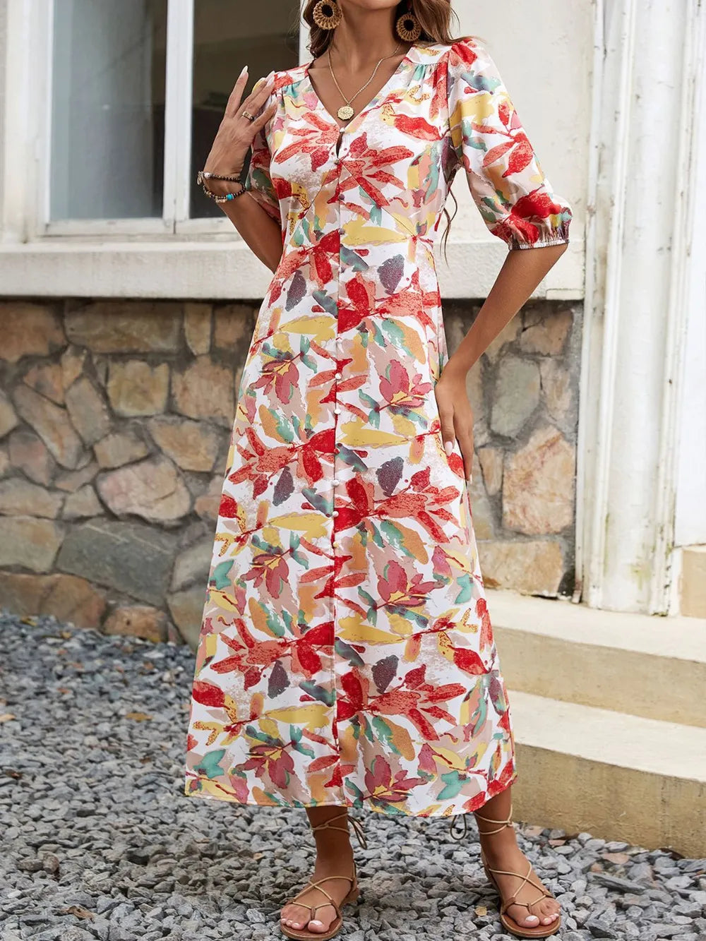 Women's Floral Print V-Neck Button Front Dress