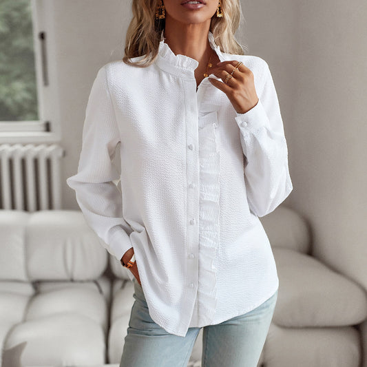 Women's Textured Frill Edge Blouse Long Sleeved Button Front Shirt