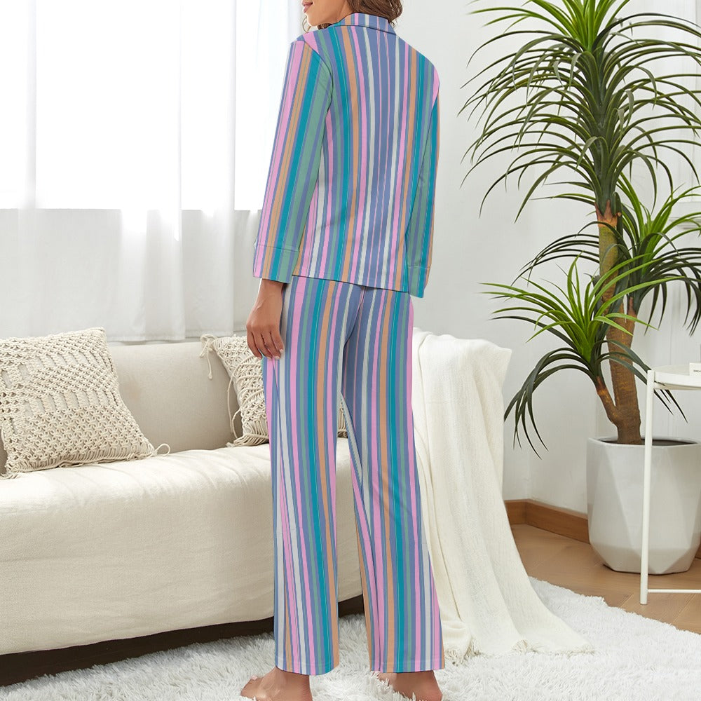 Women's Striped Print Pyjamas 2pc Set Long Sleeve Button Front Top and Full Length Trouser Bottoms Casual Fashion Loungewear Sleepwear