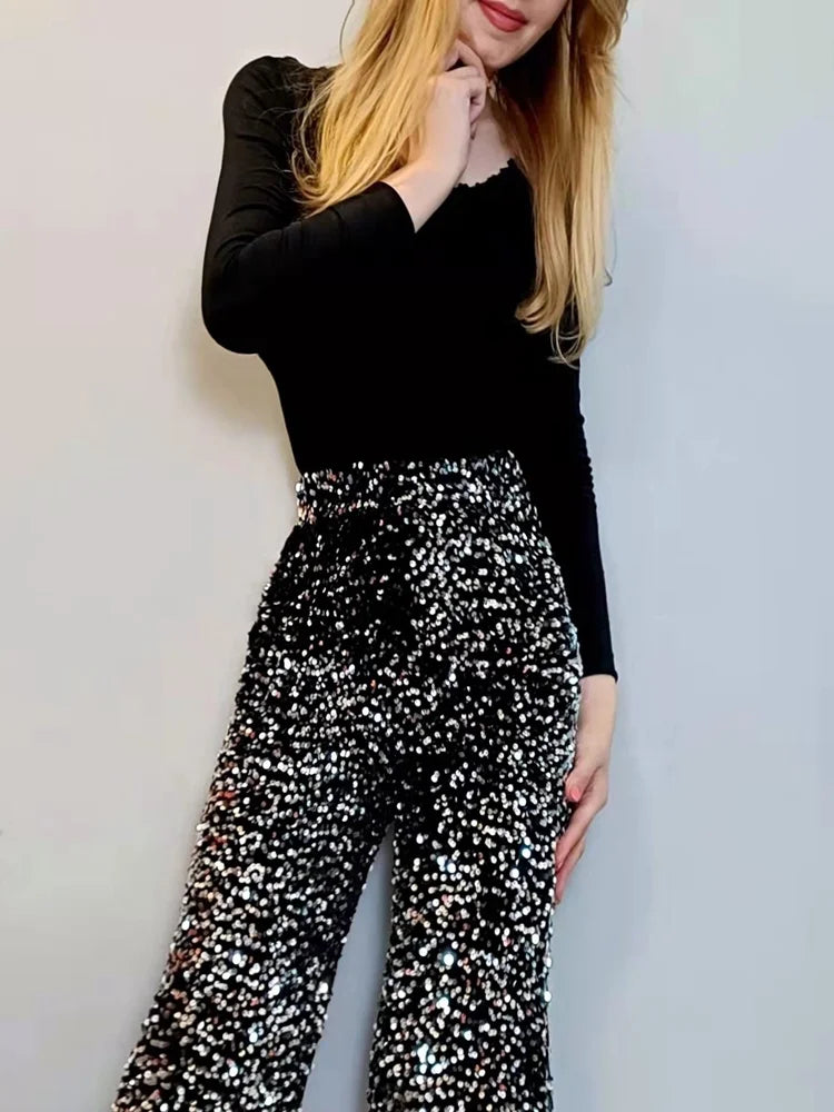 Women's Glitter Sparkling Wide Leg Trousers