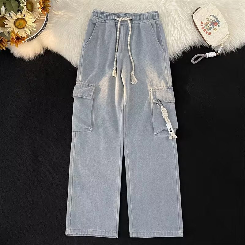 Women's Denim Combat Style Wide Leg Jeans with Elastic Drawstring Waist