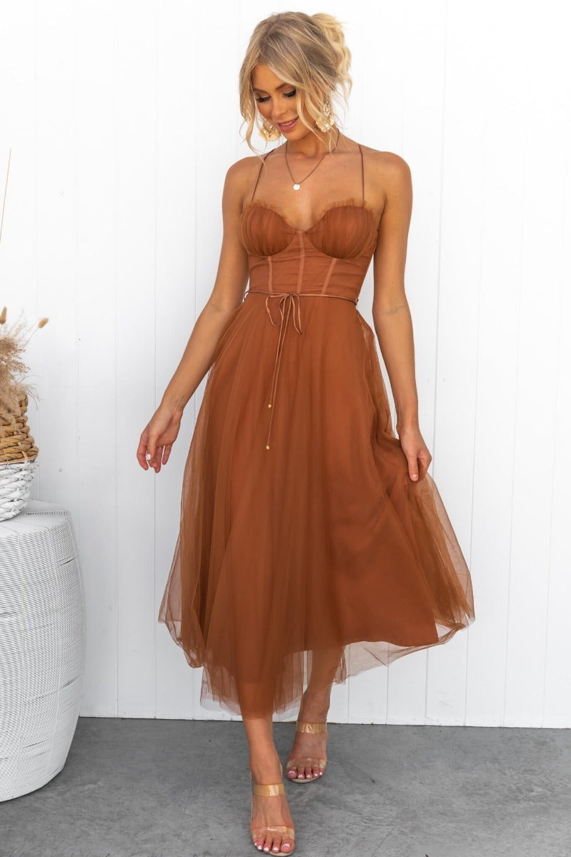 Women's Mesh Corset Style Strappy Sweetheart Front Long Dress