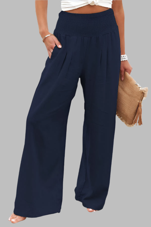 Women's Bohemian Linen Loose Wide Leg Elastic Waist with Pockets Trousers