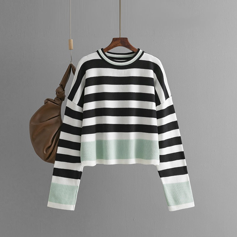 Women's Striped Long Sleeved Round Neck Knitted Sweater Jumper