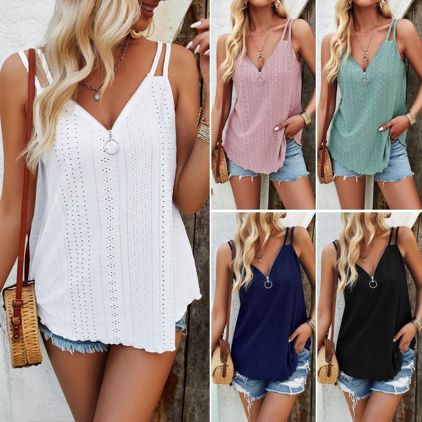 Women's Hollow Cut Out Zip Front Camisole Top