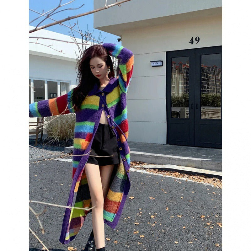Women's Rainbow Striped Colourful Knitted Long Cardigan