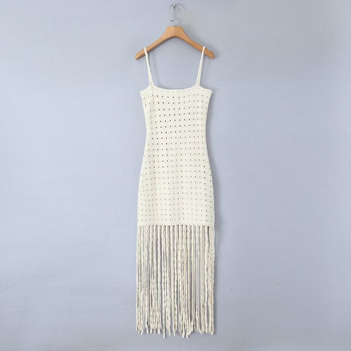 Women's Bohemian Crochet Knit Spaghetti Strap Tassel Edge Hem Dress