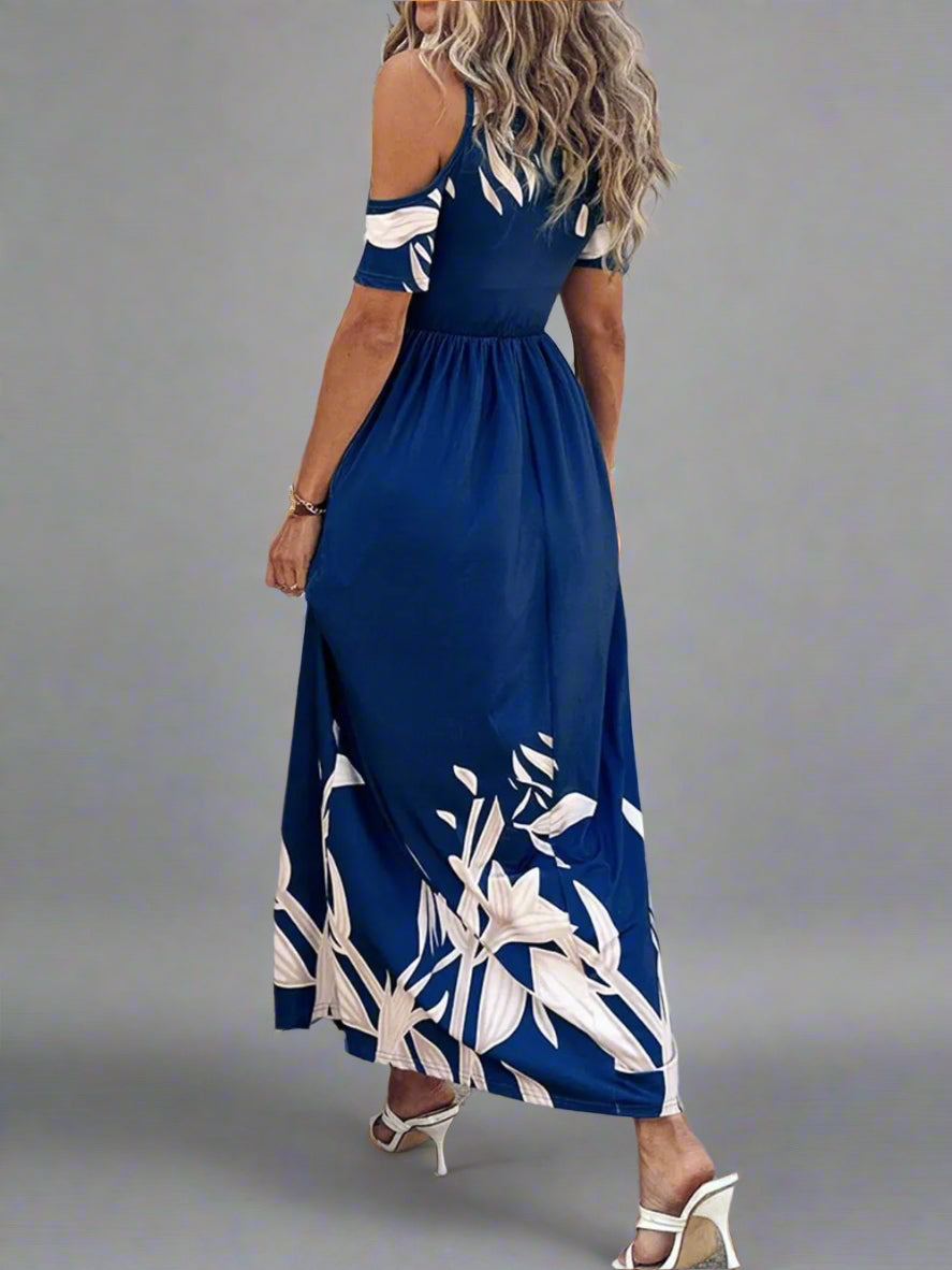 Women's Royal Blue Printed Cut Out Shoulder Maxi Dress