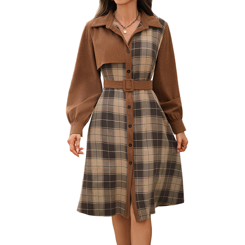 Women's Brown Ribbed Plaid Splicing Belted Midi Shirt Dress