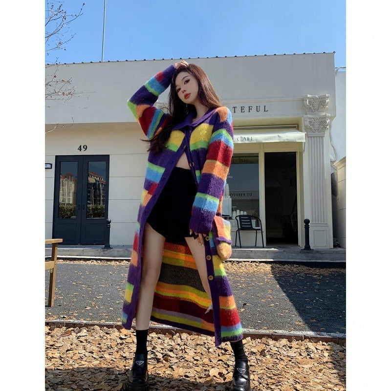 Women's Rainbow Striped Colourful Knitted Long Cardigan