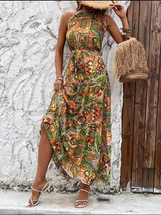 Women's Bohemian Style Abstract Print High Neck Maxi Dress
