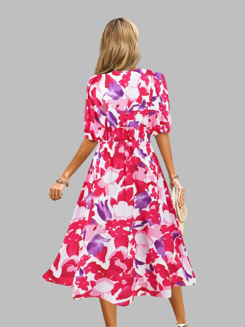 Women's Ruched Floral Print Flare Midi Dress
