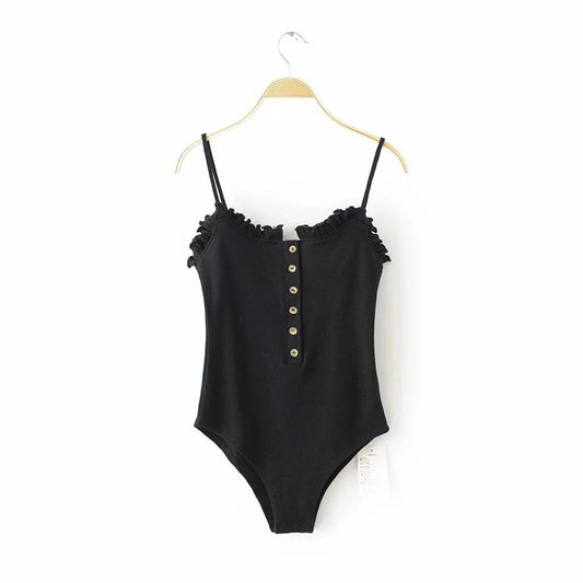 Women's Cotton Frilled Edge Button Detail Front Spaghetti Strap Bodysuit