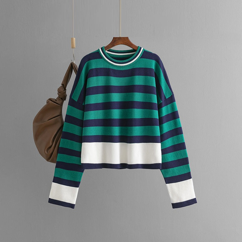 Women's Striped Long Sleeved Round Neck Knitted Sweater Jumper