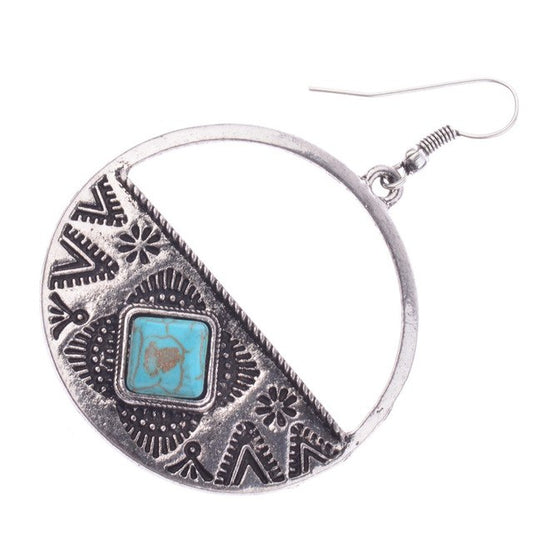 Women's Bohemian Gypsy Faux Turquoise Round Carved Earrings