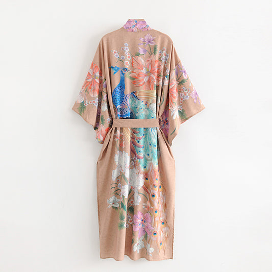 Women's Peacock Floral Print Belted Kimono