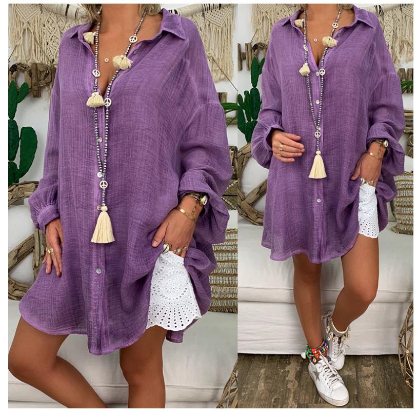 Women's Plus Size Solid Baggy Shirt Linen Style Button Front Long Sleeves Blouse Casual Top