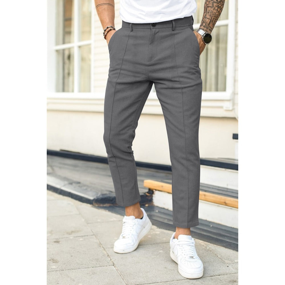 Men's Solid Colour Double Line Seamed Narrow Front Pockets Smart Casual Trousers