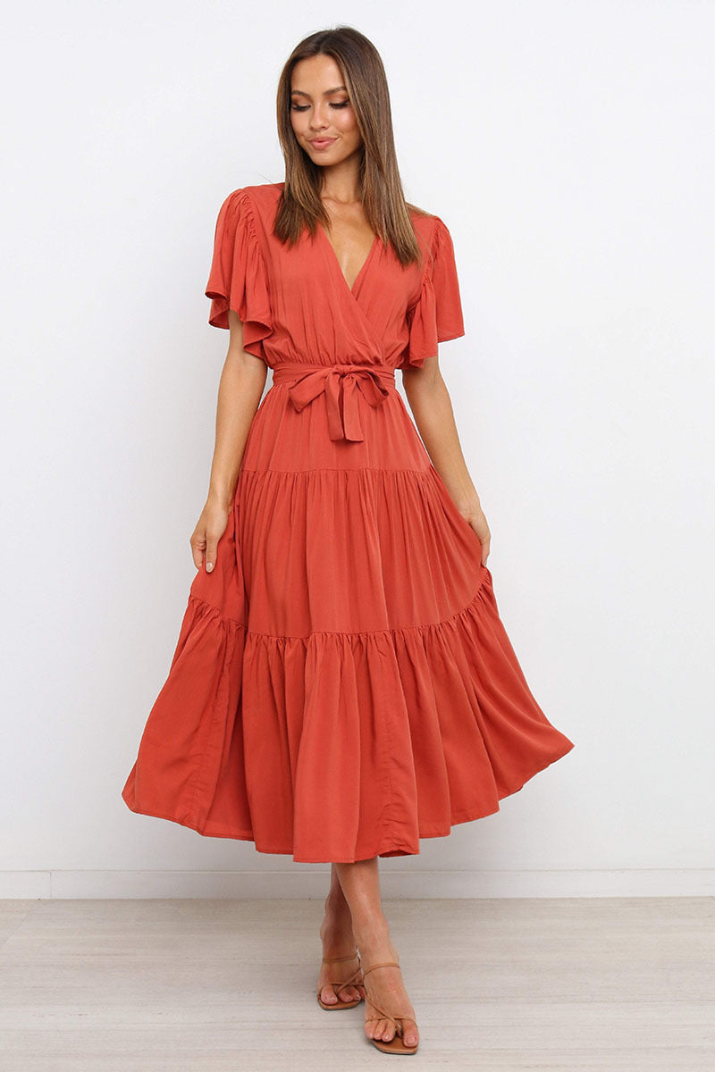 Women's Bohemian Solid Colour V-neck Tie Belt Waist Batwing Short Sleeve Dress