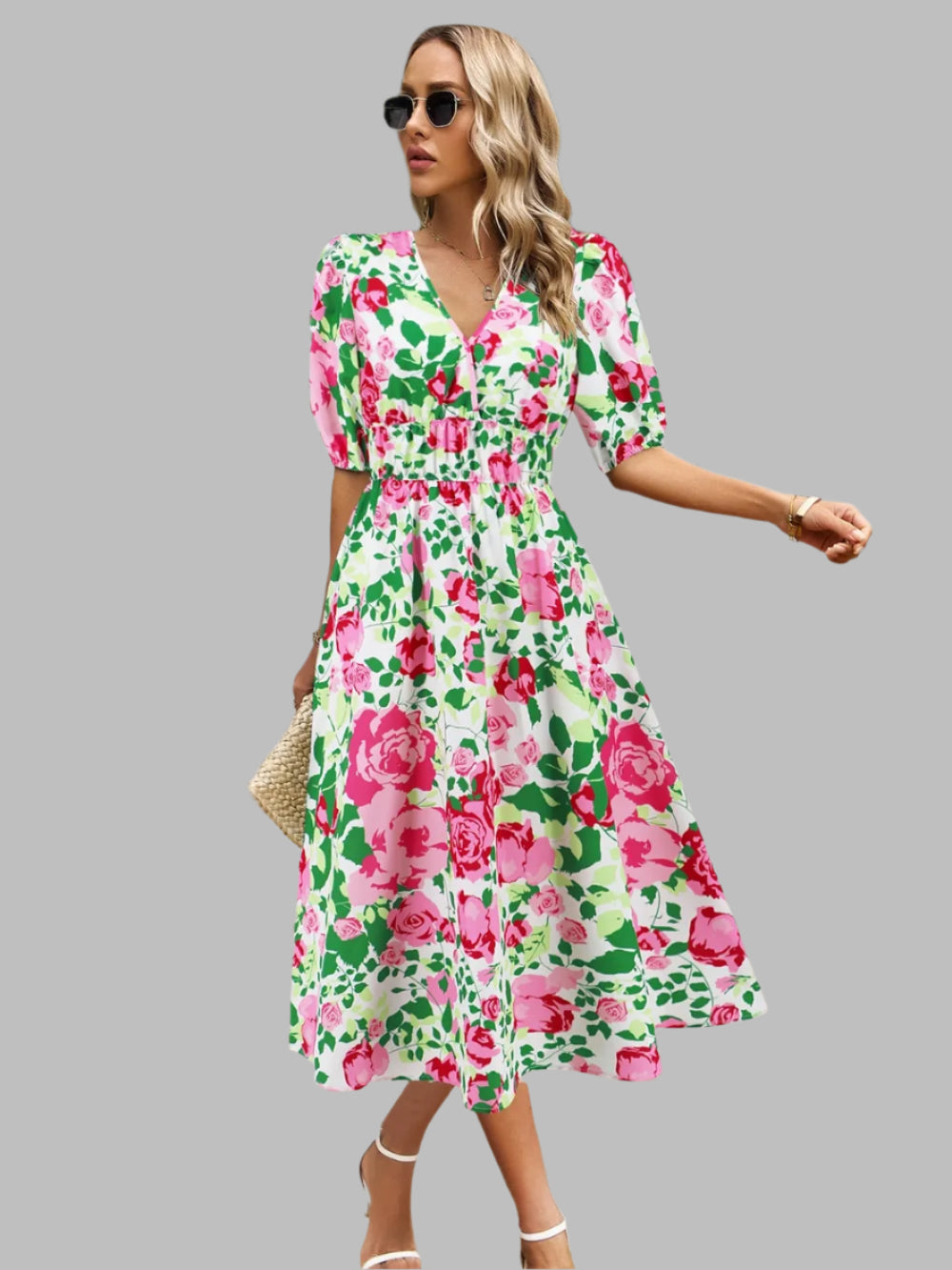 Women's Ruched Floral Print Flare Midi Dress