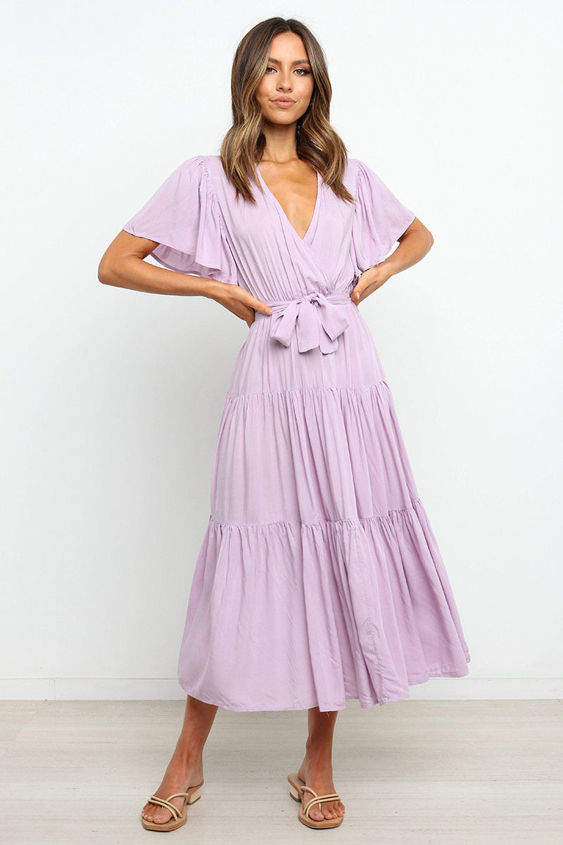 Women's Bohemian Solid Colour V-neck Tie Belt Waist Batwing Short Sleeve Dress