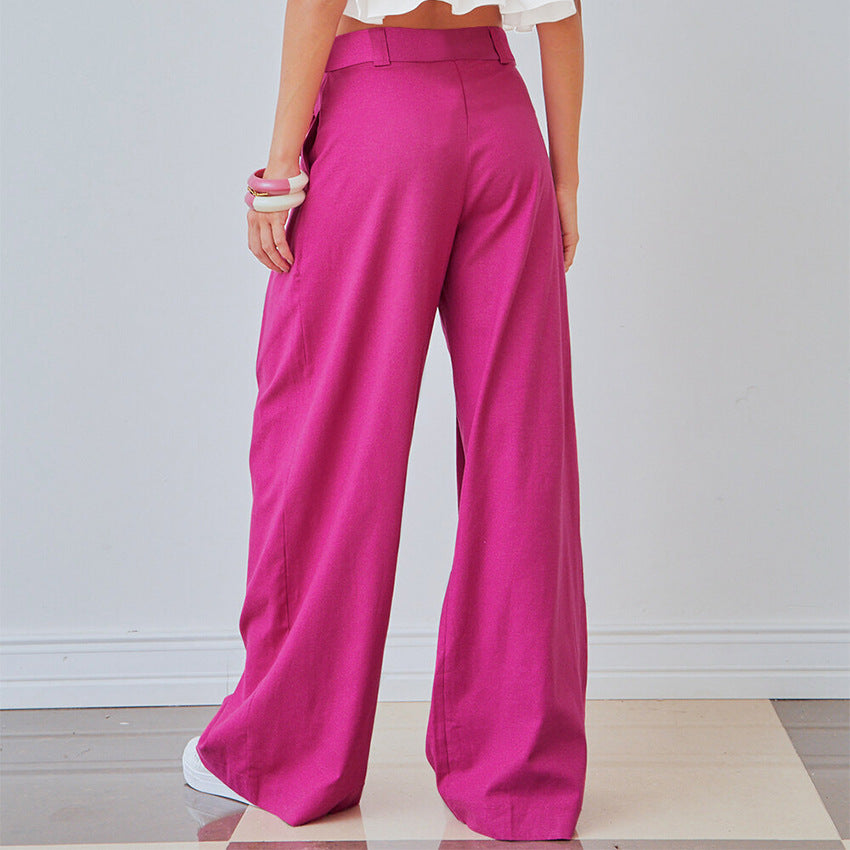 Women's Hot Pink Cotton Linen Wide Leg High Waist Trousers