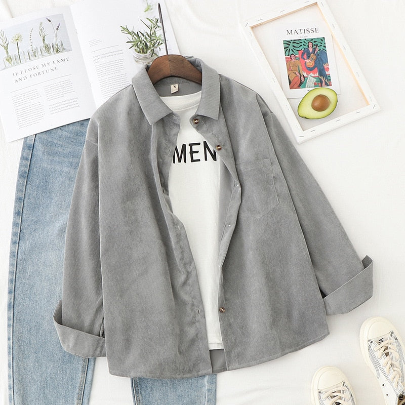 Women's Corduroy Shirt Long Sleeve Button Front Loose Fit Pocket Blouse