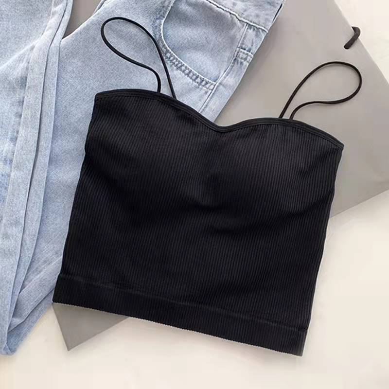 Women's Solid Basic Camisole Crop Top Ribbed Padded Spaghetti Straps