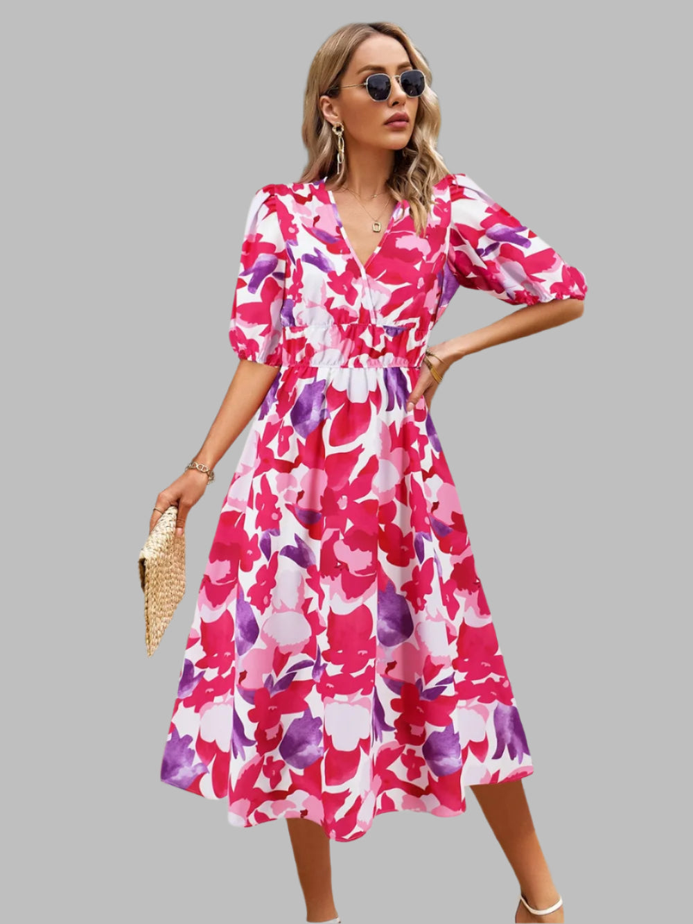 Women's Ruched Floral Print Flare Midi Dress