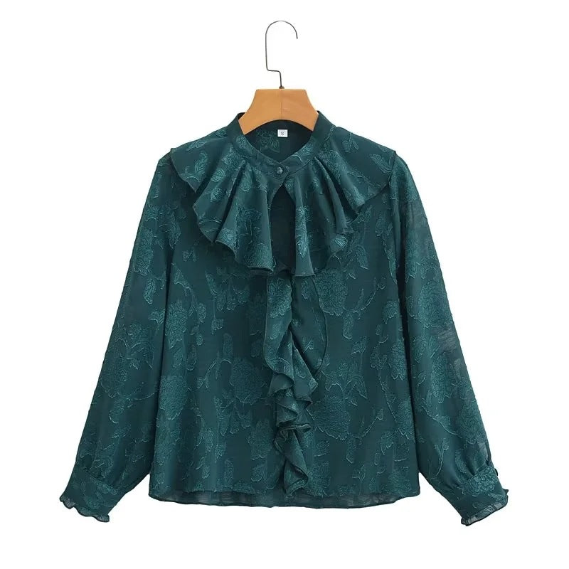 Women's Ruffle Frill Collar Layered Front Blouse Long Sleeve Top
