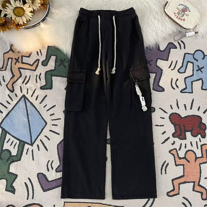 Women's Denim Combat Style Wide Leg Jeans with Elastic Drawstring Waist
