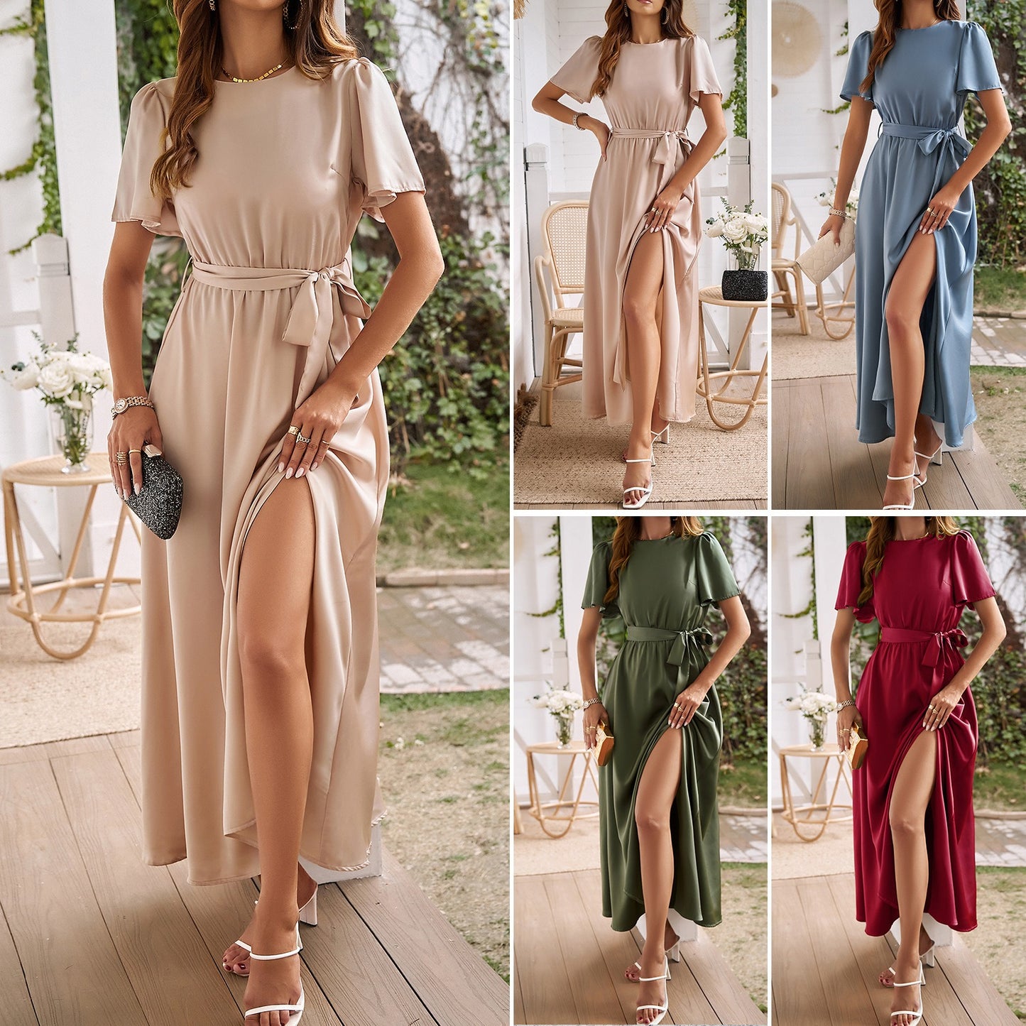 Women's Satin Solid Colour Split Leg Belt Tie Waist Midi Dress
