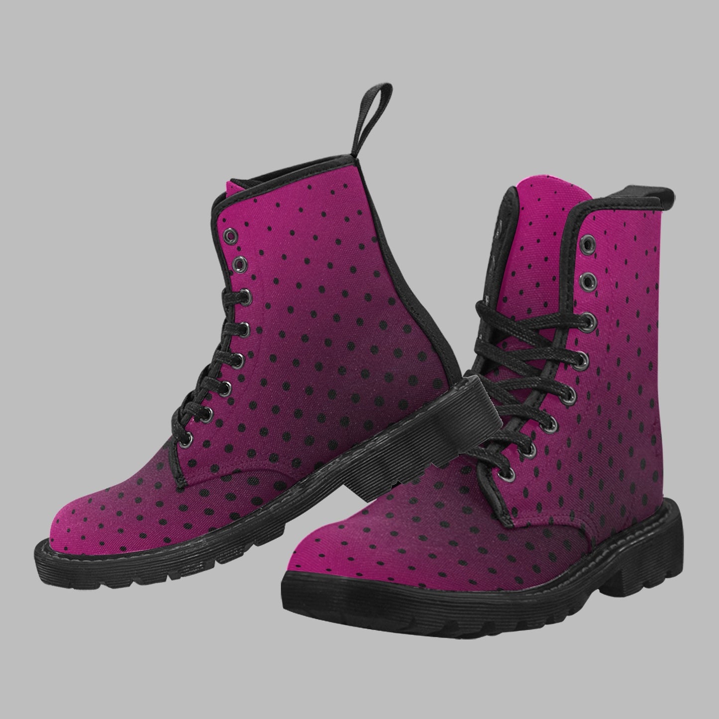 Women's Pink Black Ombre Polka Dot Print Lace Up Canvas Doc Style Boots