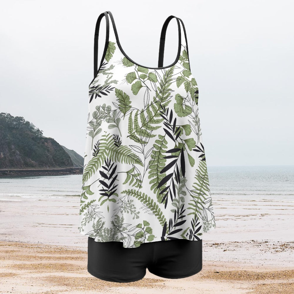 TABOO TIDE Plus Size Women's Fern Leaf Print Long Top And Shorts Two Piece Swimwear