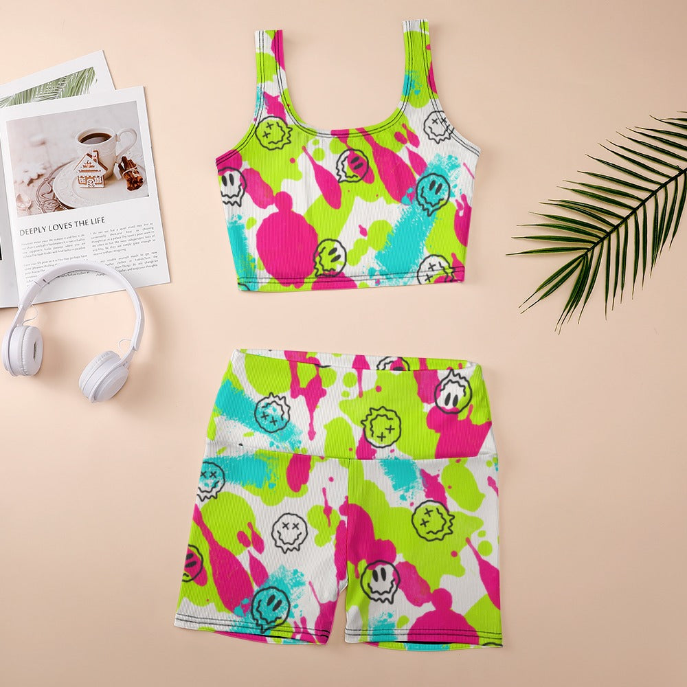 Women's Paint Splash Smiley Face Print Vest Top and Shorts Two Piece Set Outfit
