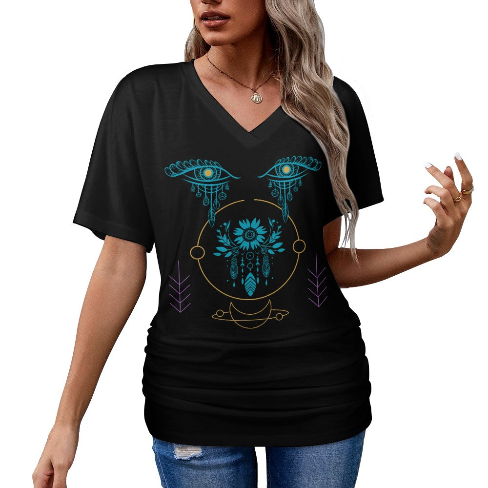 Women's Tribal Eyes V-neck Ruched Waist T-shirt Top