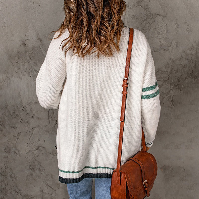 Women's Colour Contrast Edge Knit Cardigan Long Sleeve Button Front V-Neck