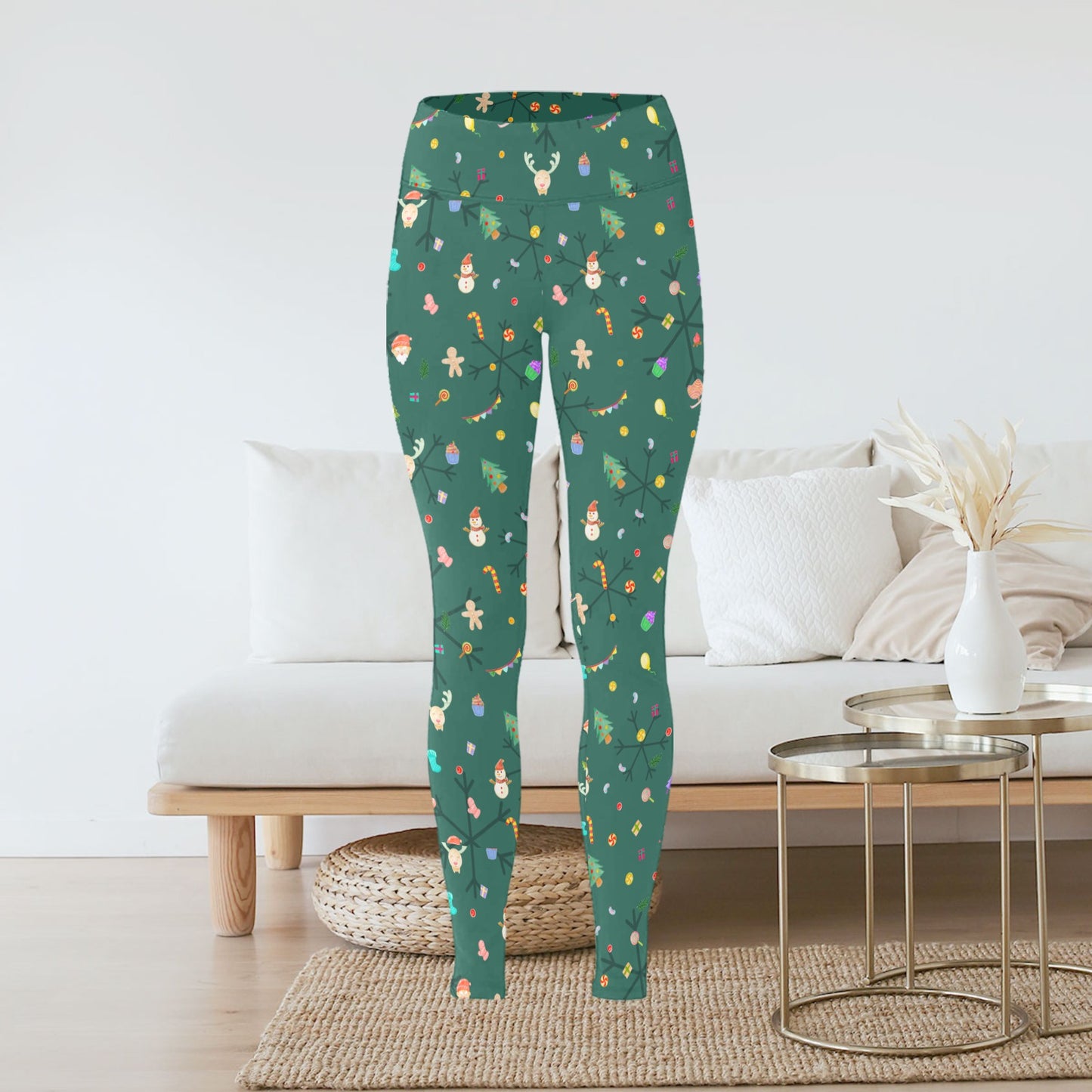 Women's Green Christmas Theme All-over Print Reindeer Snowman Leggings