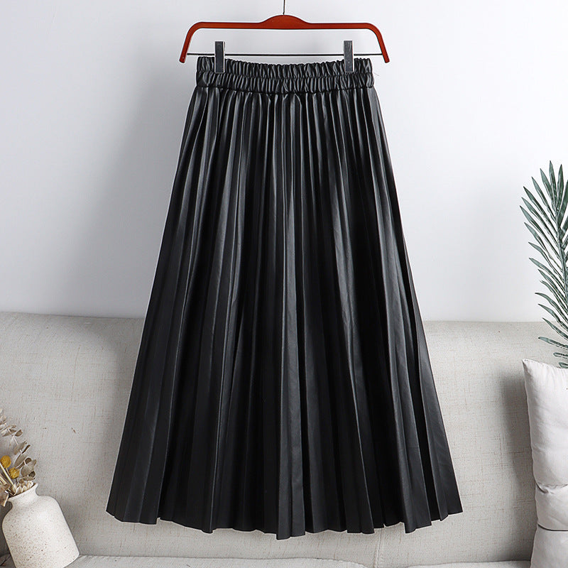 Women's PU Leather Pleated Midi Skirt