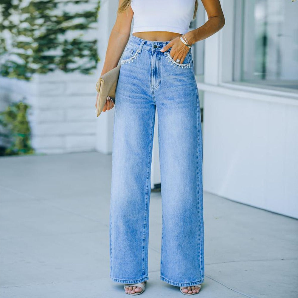 Women's Pearl Pocket Denim Jeans Loose Style Washed Look Pants