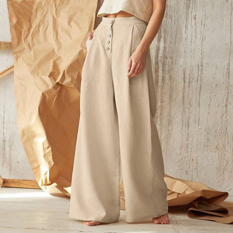 Women's Wide Leg Cotton Linen Baggy Trousers Loose Fitted with Pockets