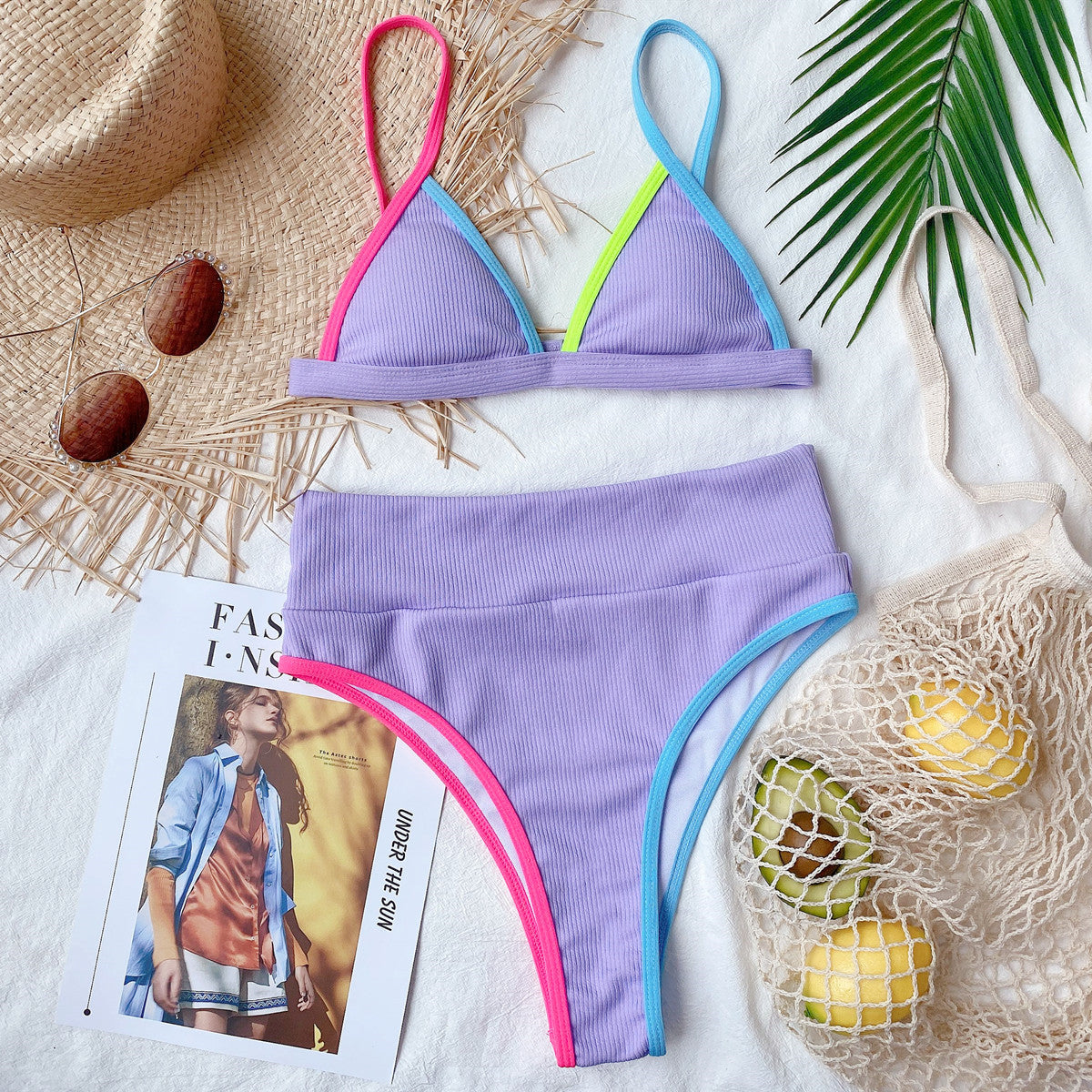 Women's Ribbed Contrast Trim Bikini High Waisted Two Piece Swimsuit