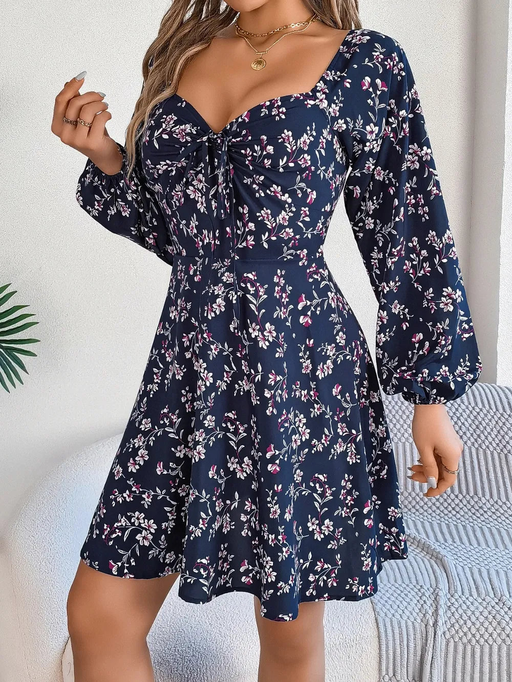 Women's Floral Print Sweetheart Neck Long Sleeve Mini Dress