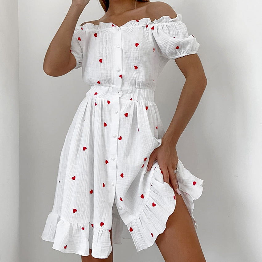 Women's Love Heart Print Off Shoulder Button Front Short Dress