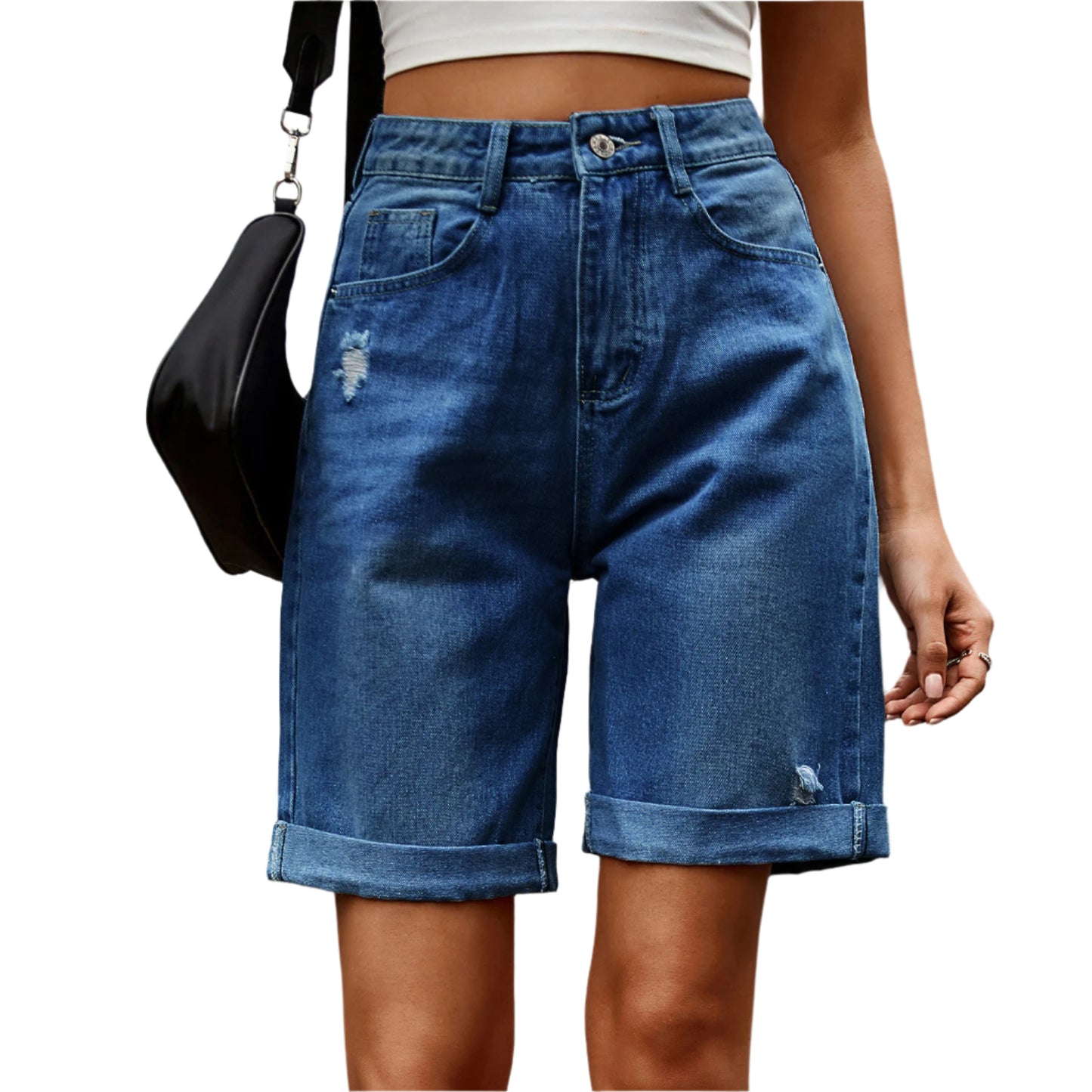 Women's High Waisted Long Denim Shorts