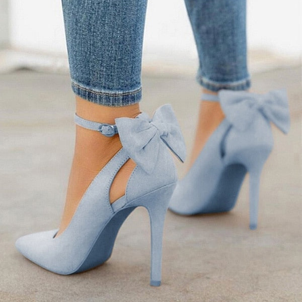 Women's Faux Suede Bow Detail High Heels Pointed Toe Thin Ankle Buckle Strap Stiletto Shoes