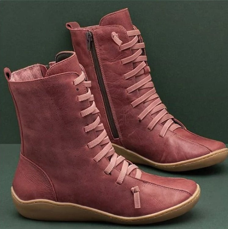 Women's Faux Leather Lace Up Ankle Boots Side Zipper Flat Heel Winter Footwear